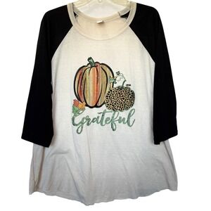 Womens Grateful Pumpkin Graphic Baseball T-Shirt 3/4 Sleeve Thanksgiving Fall XL